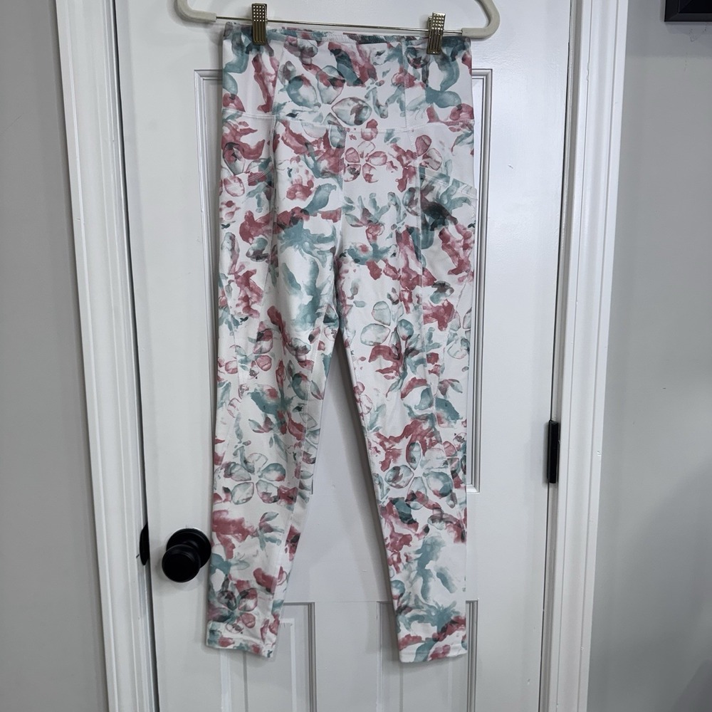 Freely Floral Leggings Womens Medium Pink Blue High Rise Yoga Pants Pockets